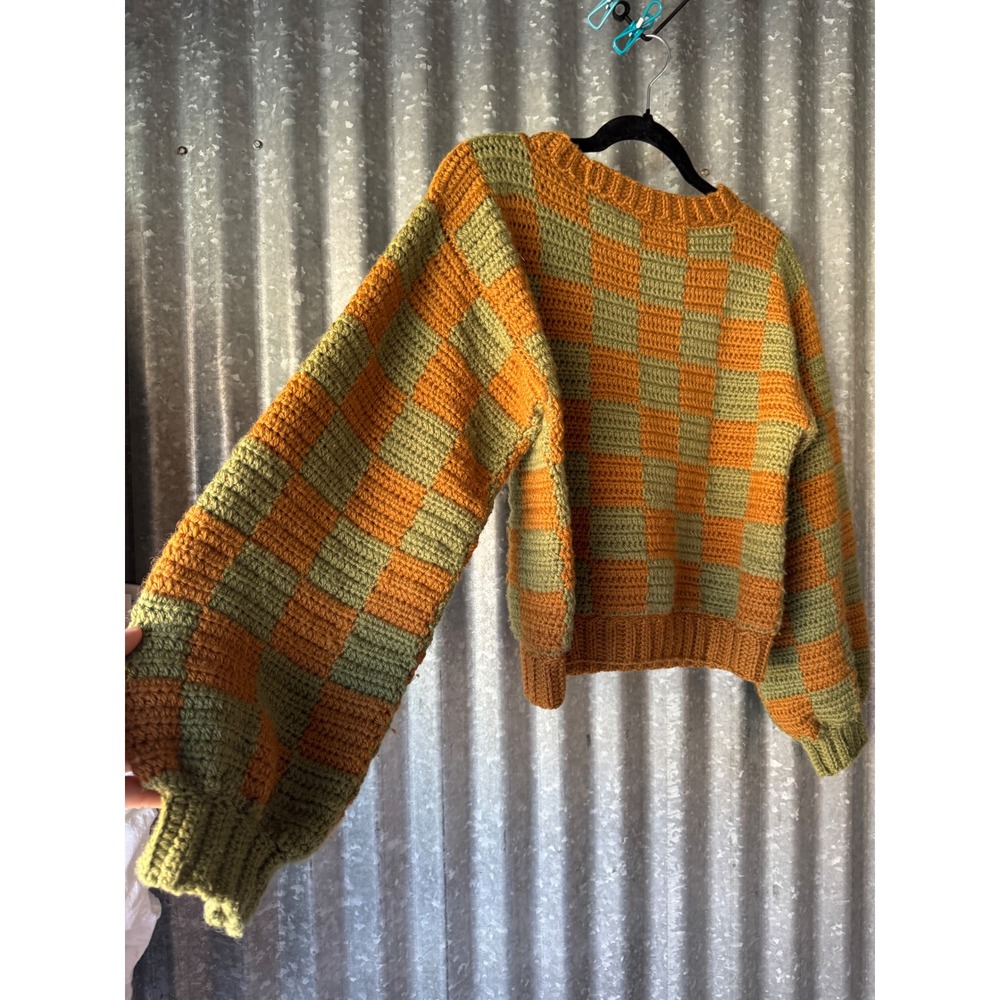 Vintage Handmade Crochet Knit Checkerboard Sweater Orange Green Balloon Sleeve - Picture 10 of 10